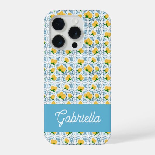 French Country Lemon Blue Tile Monogram iPhoneケース (裏面)
