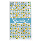 French Country Lemon Blue Tile Monogram Name スモールペーパーバッグ (裏面)