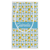 French Country Lemon Blue Tile Monogram Name スモールペーパーバッグ (正面)