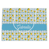 French Country Lemon Blue Tile Monogram Name ラージペーパーバッグ (正面)