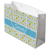 French Country Lemon Blue Tile Monogram Name ラージペーパーバッグ (裏面アングル)