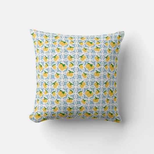 French Country Lemon Blue Tile Pattern クッション (正面)