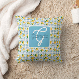 French Country Lemon Blue Tile Pattern クッション
