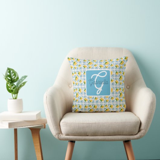 French Country Lemon Blue Tile Pattern クッション (椅子)