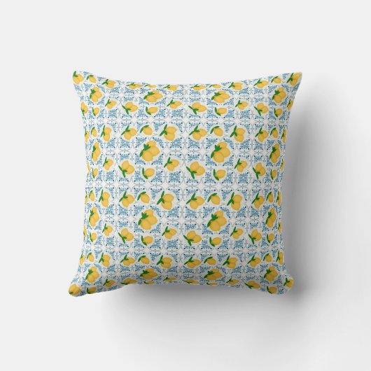 French Country Lemon Blue Tile Pattern クッション (裏面)