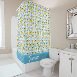 French Country Lemon Blue Tile Pattern シャワーカーテン