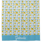 French Country Lemon Blue Tile Pattern シャワーカーテン (正面)