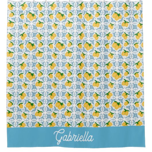 French Country Lemon Blue Tile Pattern シャワーカーテン (正面)