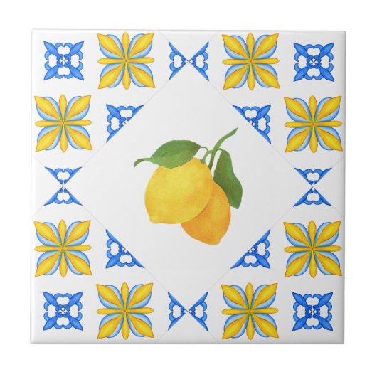French Country Lemon Blue Tile Pattern タイル (正面)
