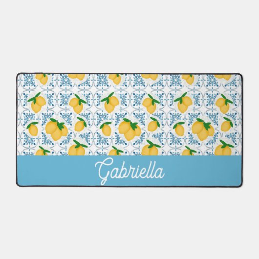 French Country Lemon Blue Tile Pattern デスクマット (正面)