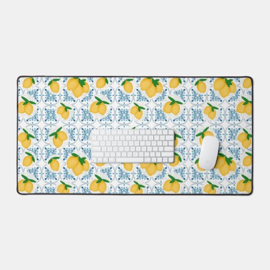 French Country Lemon Blue Tile Pattern デスクマット (キーボード&マウス)