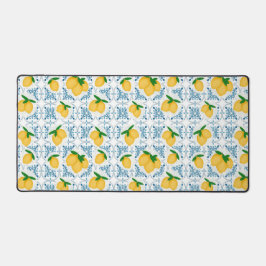 French Country Lemon Blue Tile Pattern デスクマット