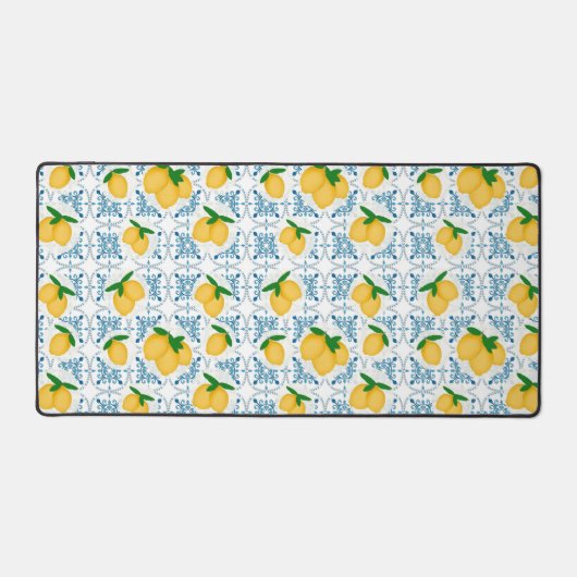 French Country Lemon Blue Tile Pattern デスクマット (正面)