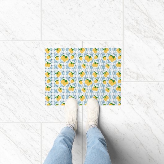 French Country Lemon Blue Tile Pattern ドアマット (室内)