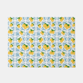 French Country Lemon Blue Tile Pattern ドアマット