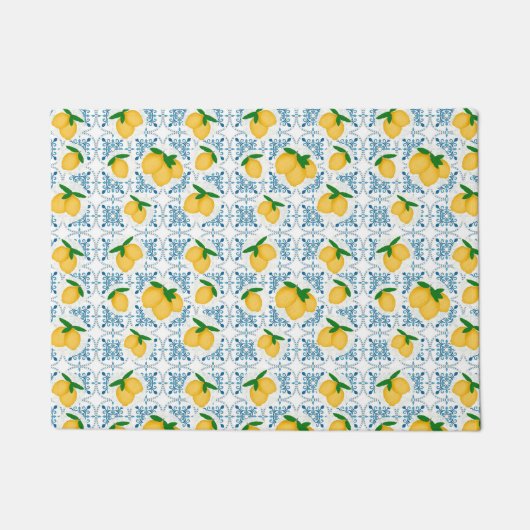 French Country Lemon Blue Tile Pattern ドアマット (正面)