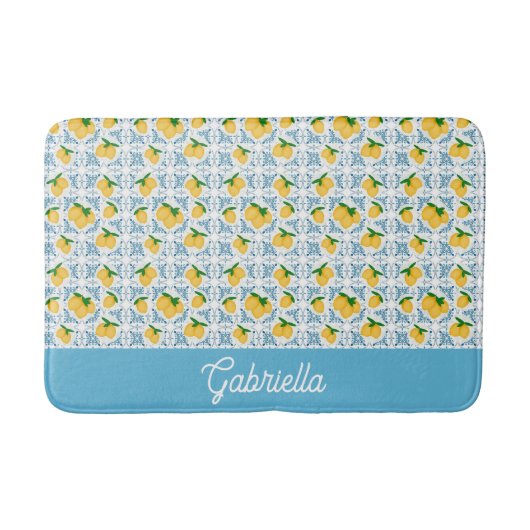 French Country Lemon Blue Tile Pattern バスマット (正面)