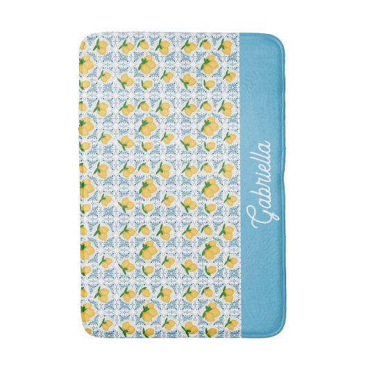 French Country Lemon Blue Tile Pattern バスマット (正面縦)