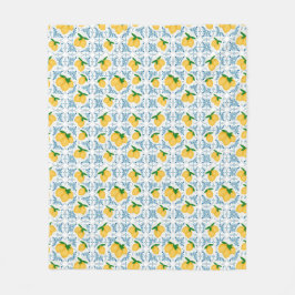 French Country Lemon Blue Tile Pattern フリースブランケット