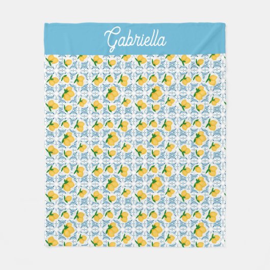 French Country Lemon Blue Tile Pattern フリースブランケット (正面)