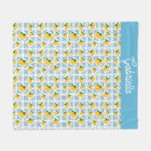 French Country Lemon Blue Tile Pattern フリースブランケット (正面(横))
