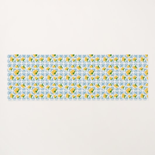 French Country Lemon Blue Tile Pattern ヨガマット (裏面(横))