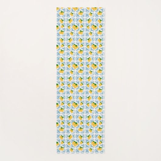 French Country Lemon Blue Tile Pattern ヨガマット (裏面)