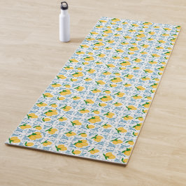 French Country Lemon Blue Tile Pattern ヨガマット