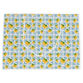 French Country Lemon Blue Tile Pattern ラージペーパーバッグ (正面)