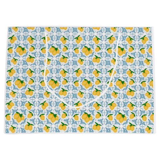 French Country Lemon Blue Tile Pattern ラージペーパーバッグ (正面)