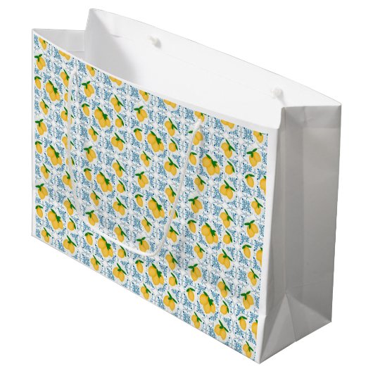 French Country Lemon Blue Tile Pattern ラージペーパーバッグ (正面アングル)