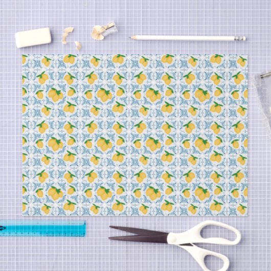 French Country Lemon Blue Tile Pattern 薄葉紙 (クラフト)