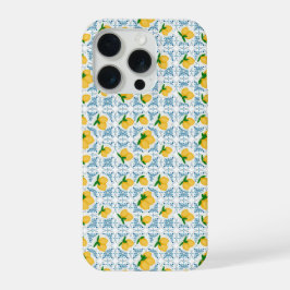 French Country Lemon Blue Tile Pattern iPhone 15 Proケース