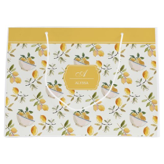 French Country Lemon Pattern Monogram Gift Bag ラージペーパーバッグ (正面)