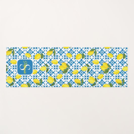 French Country Tile Lemons Pattern Name Monogram ヨガマット (正面(横))