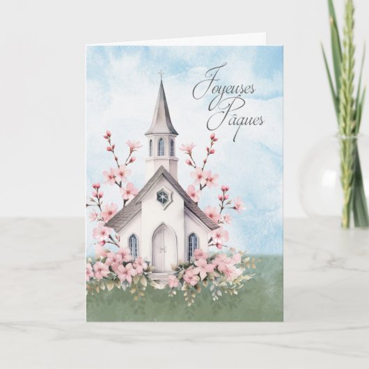 French Easter Joyeuses Pâques Church Pink Blossoms シーズンカード (正面)