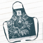 French Farmhouse Peony Monogram Dark Turquoise エプロン<br><div class="desc">Personalize this chic,  modern adult apron with your monogram! This elegant apron has your custom initials on a gorgeous dark turquoise floral peony vintage french farmhouse design.</div>
