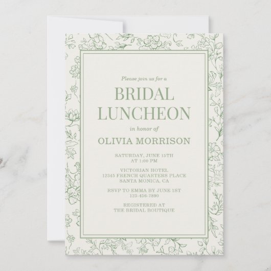French Floral Bridal Luncheon Sage Green Ivory  招待状 (正面)