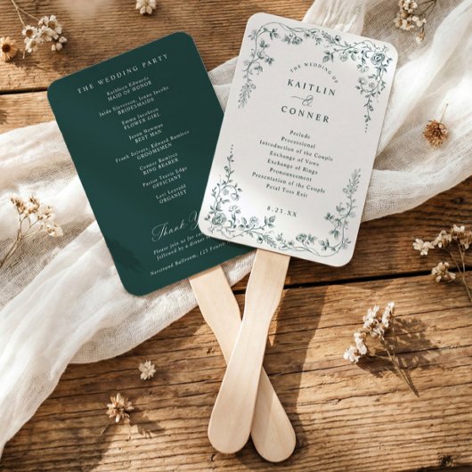 French Floral Emerald Green Wedding Program ハンドファン