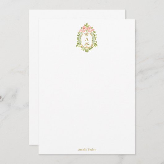 French Floral Monogram Personalized Coquette Bow サンキューカード (正面/裏面)