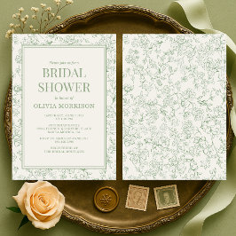 French Floral Sage Green Ivory Bridal Shower 招待状