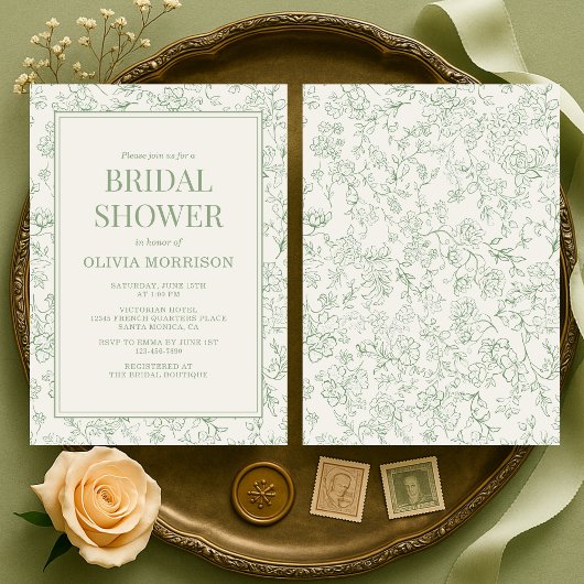 French Floral Sage Green Ivory Bridal Shower 招待状