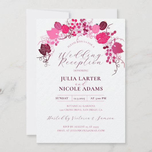French Floral Sweet Berry Grapes Wedding Reception 招待状 (正面)