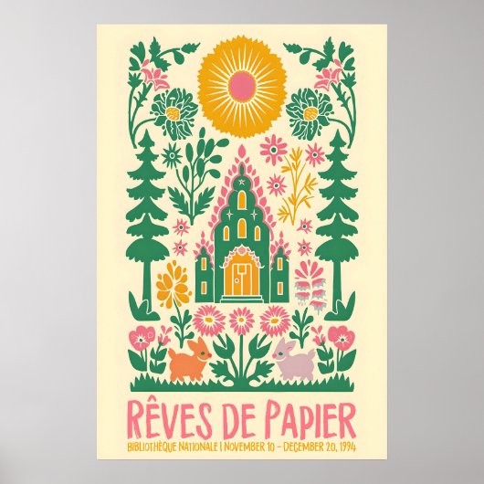 French Folk Art Print Floral Rabbit Exhibition ポスター (正面)