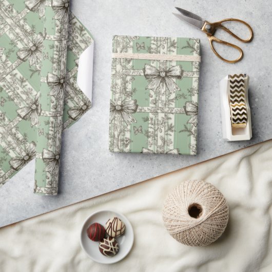 French Green Christmas Toile Bow Patterned ラッピングペーパー (クラフト)