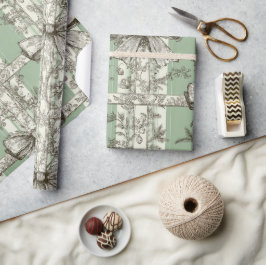 French Green Christmas Toile Bow Patterned ラッピングペーパー