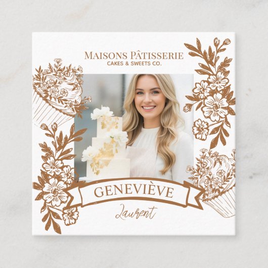 French Hand Drawn Floral Cupcake Bakery Photo スクエア名刺 (正面)