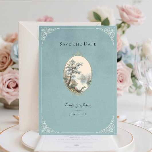 French Heron Dusty Blue Wedding Save The Date Card セーブザデート