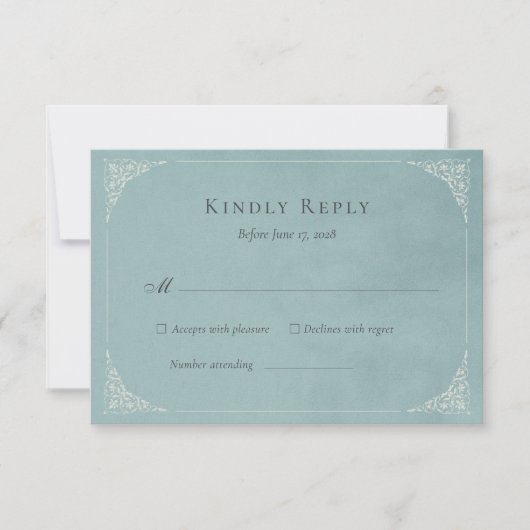 French Heron Dusty Blue Wedding Suite RSVP Card (正面)