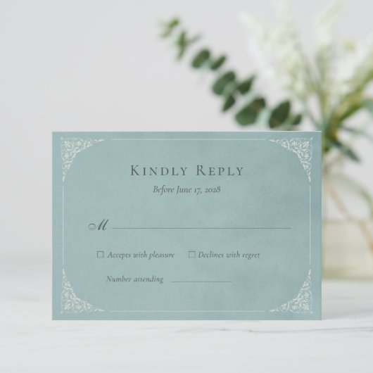French Heron Dusty Blue Wedding Suite RSVP Card (スタンド正面)